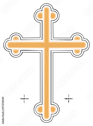 Golden Decorative Cross Symbol on White with Ornate Outline, Religious Icon