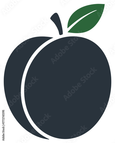 Stylized plum icon with leaf representing summer freshness for packaging or organic food designs