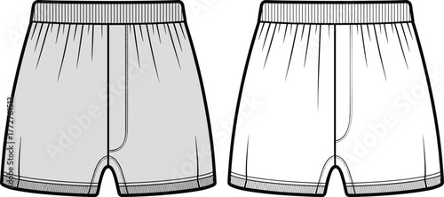 Men’s boxer briefs technical flat sketch, fashion design illustration, underwear garment template, elastic waistband, front fly seam, stitching detail drawing