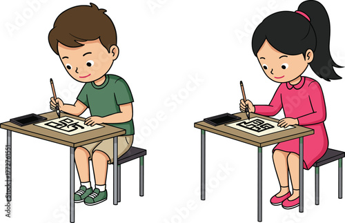 Children solving maze puzzles, kids focused activity, pencil in hand, indoor learning, brain game, concentration, desk work, educational fun