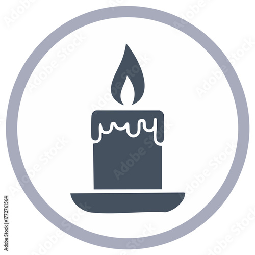 Burning candle symbol in gray circle, featuring molten wax running down the sides, placed on candle plate.
