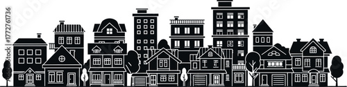A black and white illustration of a cityscape with apartment buildings and houses.