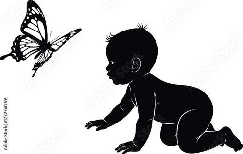 PrintBaby crawling silhouette, butterfly interaction, black vector, child curiosity, nature moment, isolated illustration, white background, innocence, exploration, wonder