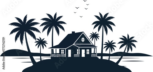 A silhouette of a house on a tropical island surrounded by palm trees.
