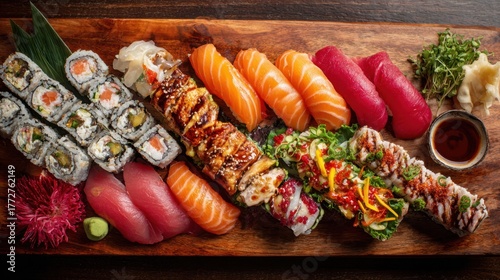 Sushi platter features an assortment of fresh nigiri and creative rolls on a wooden board.