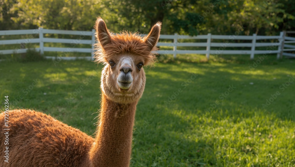 Obraz premium A charming brown and white alpaca pauses in a grassy enclosure on a farm, bathed in gentle golden sunlight