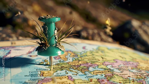 Pin Marking Location on Map Covered in Plants Closeup