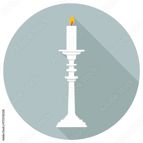 Candle in Candleholder with Flame Burning on Grey Circle Background Flat Style