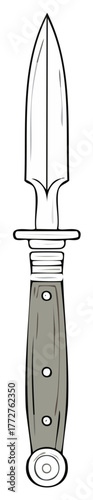 Stylized illustration of a sharp pointed dagger with a detailed wooden handle and metallic guard