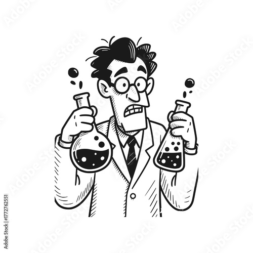 Mad scientist. Black white vector illustration.