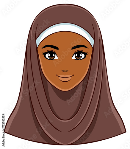 Cartoon portrait of a smiling woman wearing a hijab and a white headband in an illustration