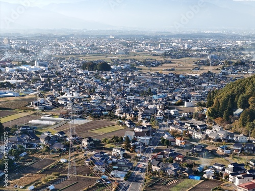 A city with a lot of houses and a few trees. The houses are mostly white and the sky is blue