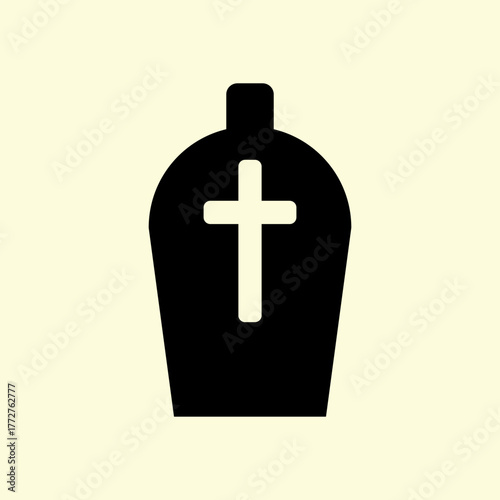 Simple gravestone icon with Christian cross silhouette flat vector design isolated on pale background