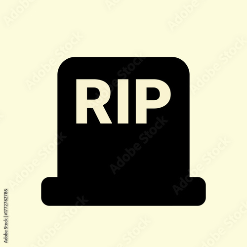 Minimalist black tombstone silhouette with RIP text isolated on pale beige background for death remembrance concept