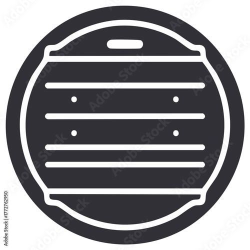 Minimalist icon of a round grill grate with horizontal bars and two dots