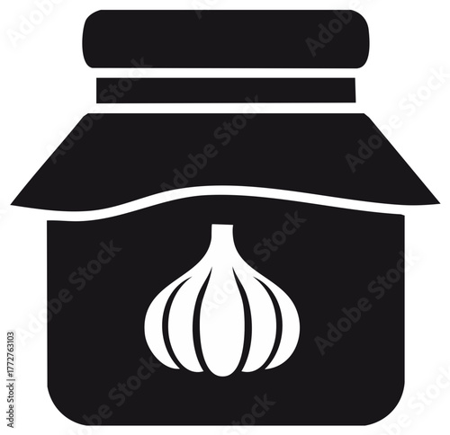 Stylized black icon of a garlic bulb in a jar, representing kitchen ingredients and food seasoning.