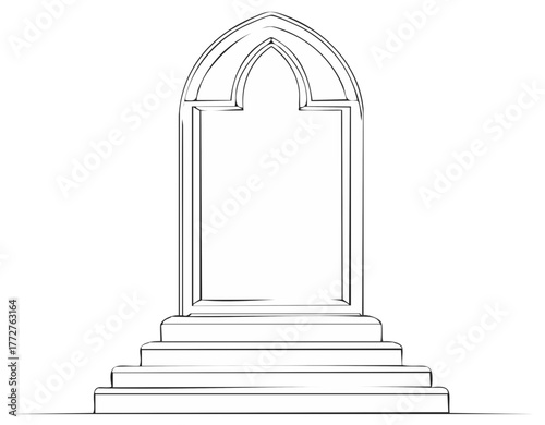 Monochrome Gothic Style Archway with Steps Line Art Illustration