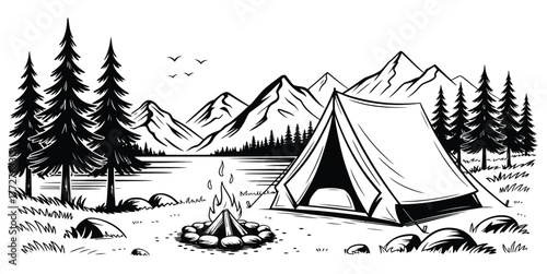 Camping scene with cozy tent near mountains under night sky, peaceful outdoor adventure landscape with pine trees, campfire warmth and travel vibes for nature lovers