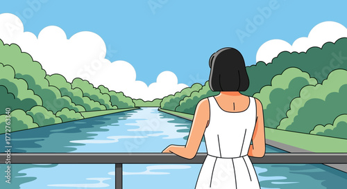 Contemplative riverside view with woman watching the serene water flow through nature