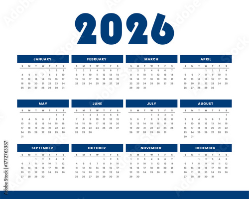 2026 year calendar template for office stationery
