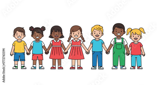 Diverse group of children holding hands symbolizes unity and childhood friendship, representing
