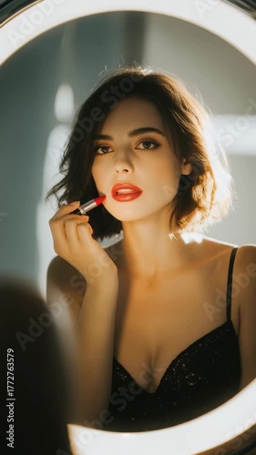 Elegant young woman with short brown hair applies vibrant red lipstick in front of a glowing round mirror. Modern beauty trends and glamorous makeup artistry are showcased in this stylish portrait
