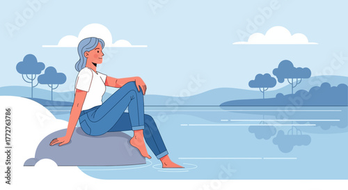 Contemplative woman sitting on a rock by calm water, finding solace and reflection in the peaceful