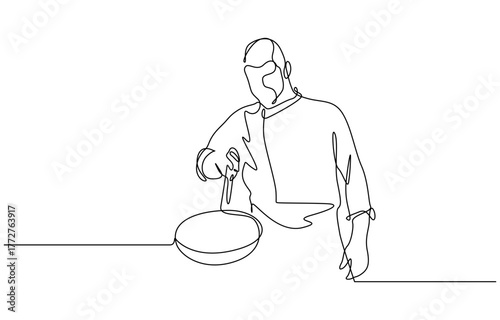 Continuous one line drawing of Chef cooking big meal food isolated on transparent background. Editable stroke