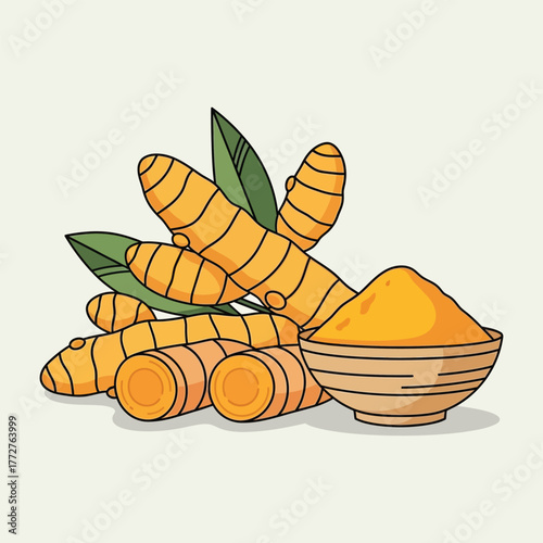 Turmeric roots and powder isolated on white background in a bowl for cooking