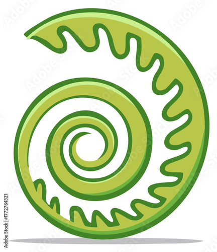 Abstract Light Green Spiral Shape with Jagged Edge Design Fern Frond Unfurling Illustration