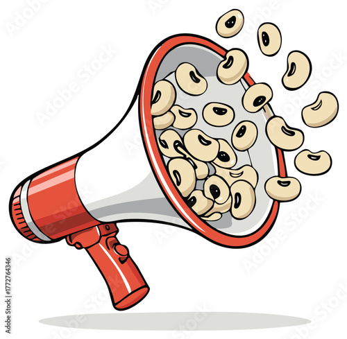 Red megaphone releasing soybeans outward and upward in a splash of light beige beans