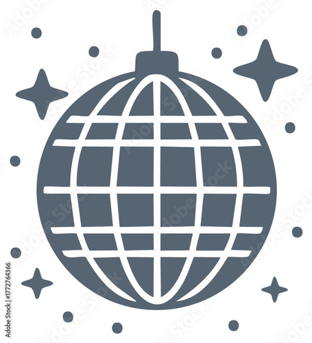 Illustration of a disco ball with stars and dots, party design