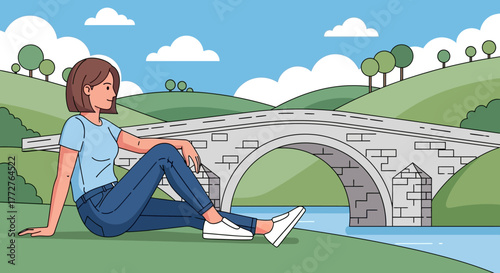 Woman relaxing on grassy bank near serene river under classic arched stone bridge