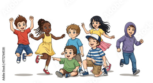 Illustration of diverse group of children engaged in playful activities showcasing childhood