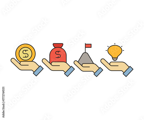 hand holding money coin, idea bulb and flag icon vector illustration