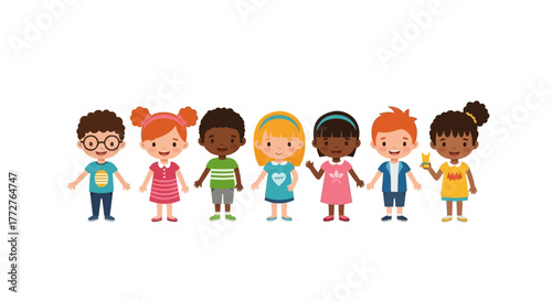Cartoon illustrations of diverse group of children standing together in a line looking happy and