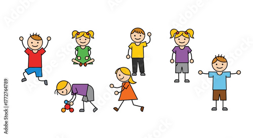 Diverse group of joyful stick figure children engaging in various activities and play illustration