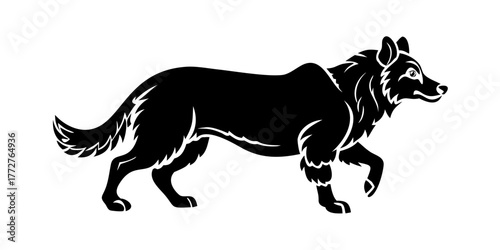 Stylized black and white illustration of a border collie dog