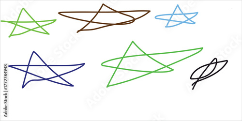 Collection of colorful hand drawn star shapes in various sizes and colors on a white background