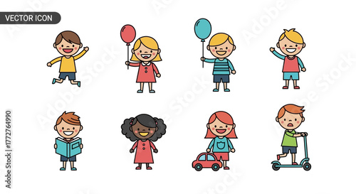 Diverse group of cheerful children engaging in various playful and educational activities vector