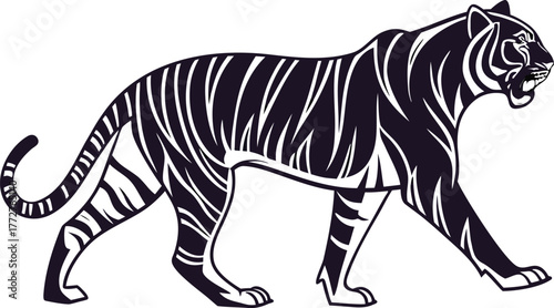 Stylized black and white illustration of a majestic tiger in profile walking with fierce expression