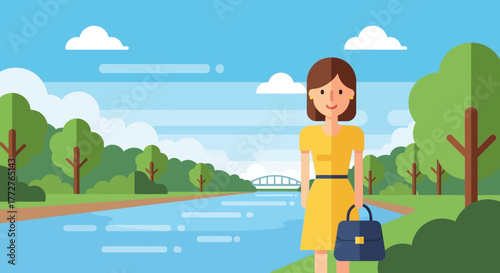 Stylish woman enjoying a serene walk by the river in a vibrant natural setting illustration