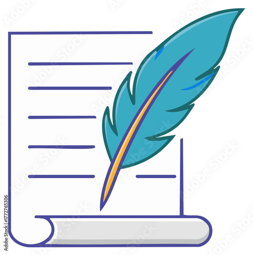 Feather quill writing on paper vector illustration, concept of writing, message, and content creation