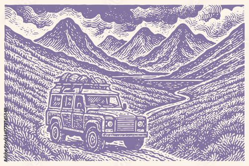 Classic off-road car with luggage on an adventure in a mountain landscape. Vector illustration in a vintage woodcut or engraving art style.