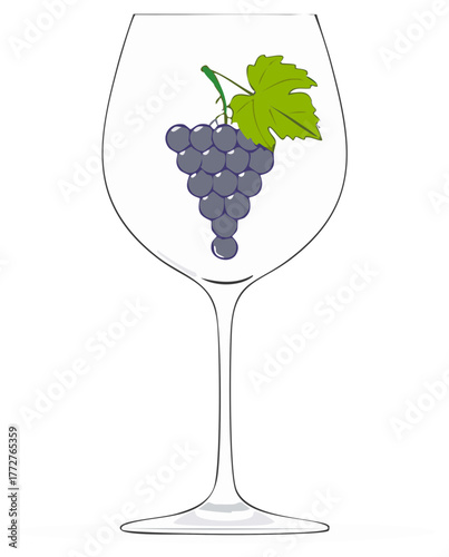 Elegant Wine Glass Filled with Ripe Purple Grapes and Green Leaf Illustration