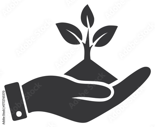 Hand holding a growing plant seedling icon for agriculture and sustainability concepts
