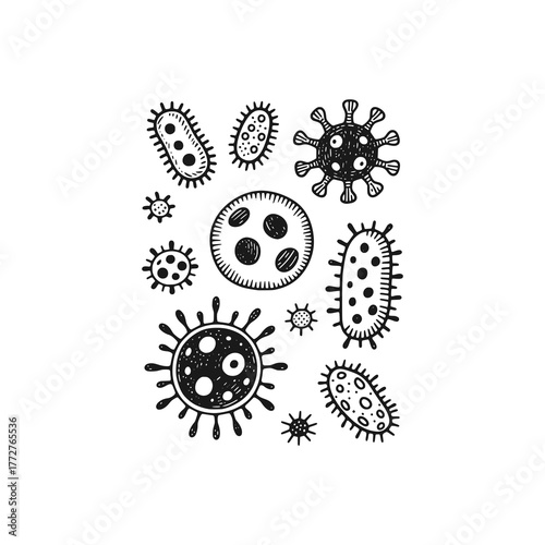 Set of various viruses, germs, and bacteria. Black white vector illustration.