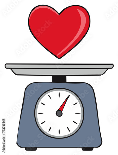 Red heart shape balanced on a weighing scale with a dial indicator