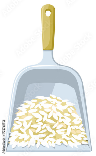 Simple illustration of a handheld dustpan collecting white rice grains for kitchen use