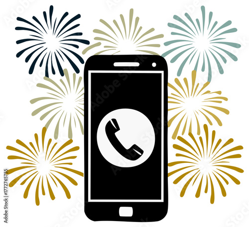 Smartphone with incoming call icon and festive fireworks display
